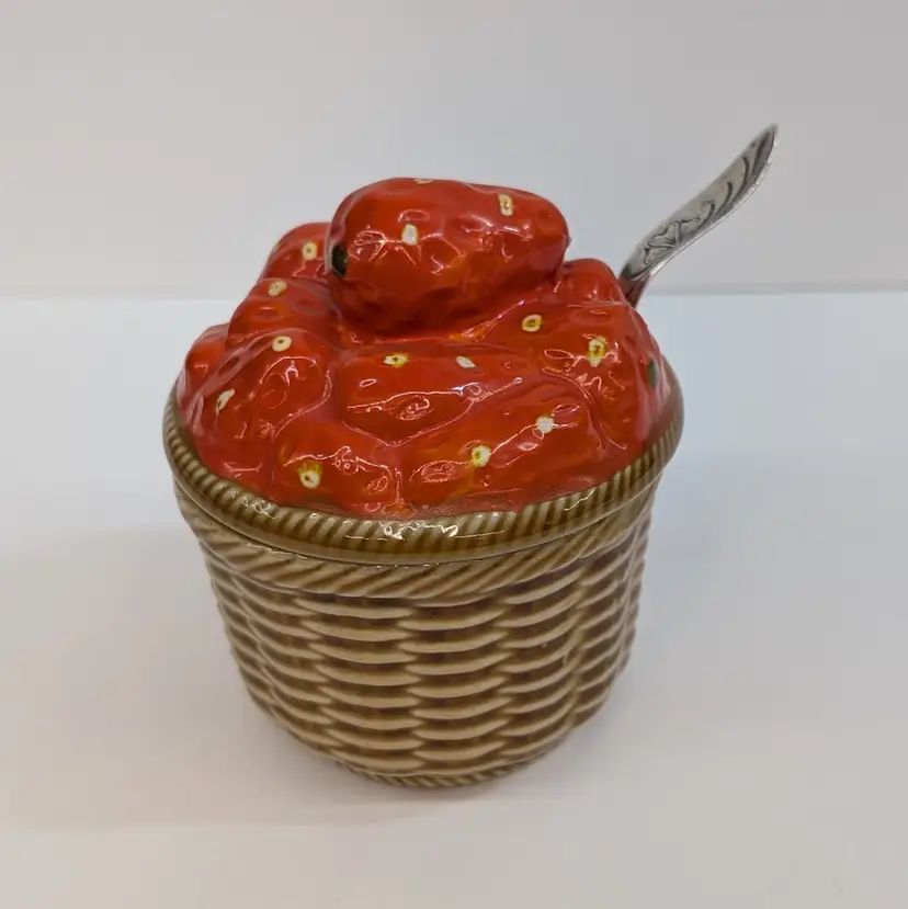 Vintage Ceramic Strawberry Jelly Jam Jar Lid Hanging VDM Jelly Spoon Cottagecore