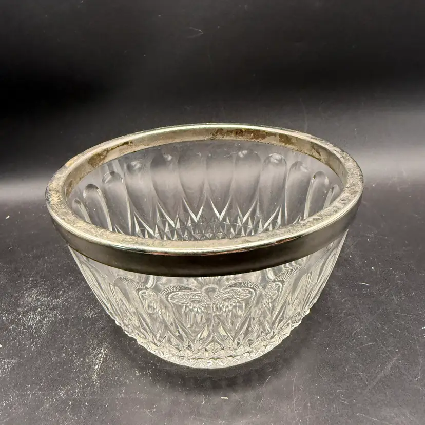 French Vintage Reims Cut Glass Decorative Bowl With A Silver-Plated Rim