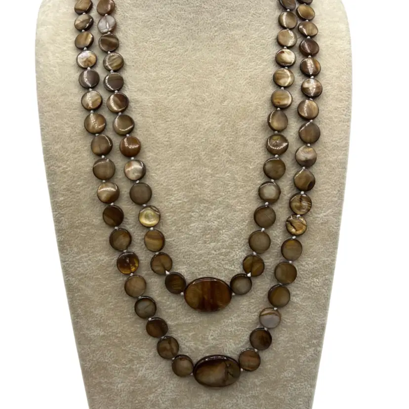 Summer - Long 48” Single Strand Brown Mother Of Pearl Disc Shell Necklace