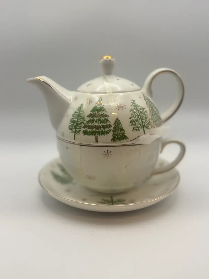 Grace Teaware Christmas Pine Trees Stacking Porcelain Teapot Teacup Saucer set.