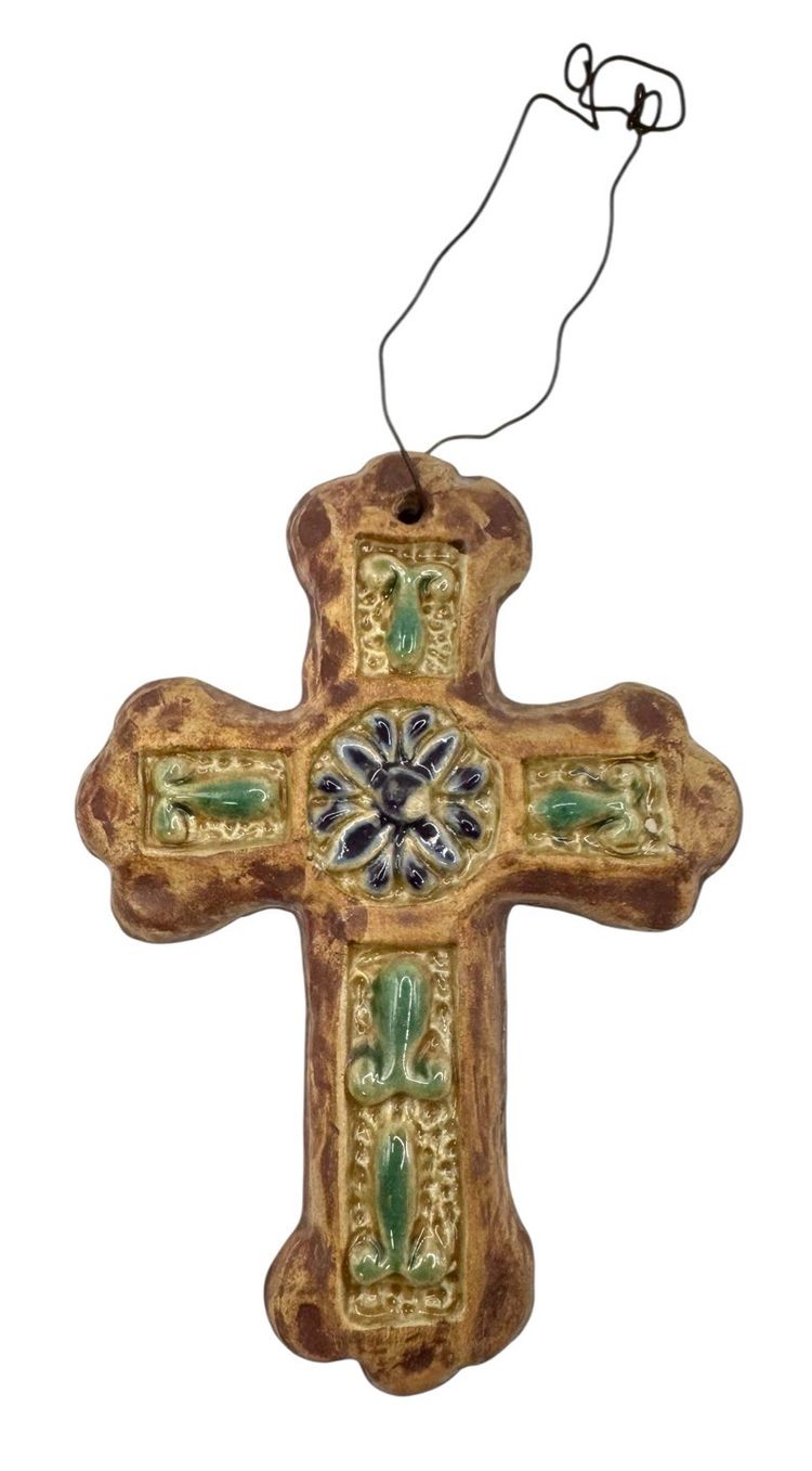 Art Pottery Wall Hanging Cross Crucifix Blue Brown Floral 5”