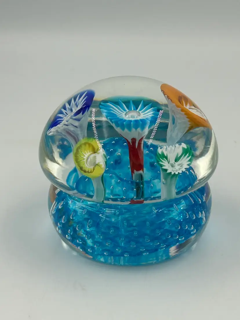 Art class handblown paperweight flowers with blue bubble base