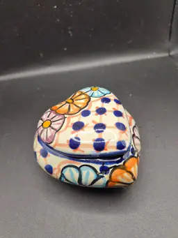 Hand-Painted Ceramic Heart Trinket Box From Mexico With Colorful Floral Design