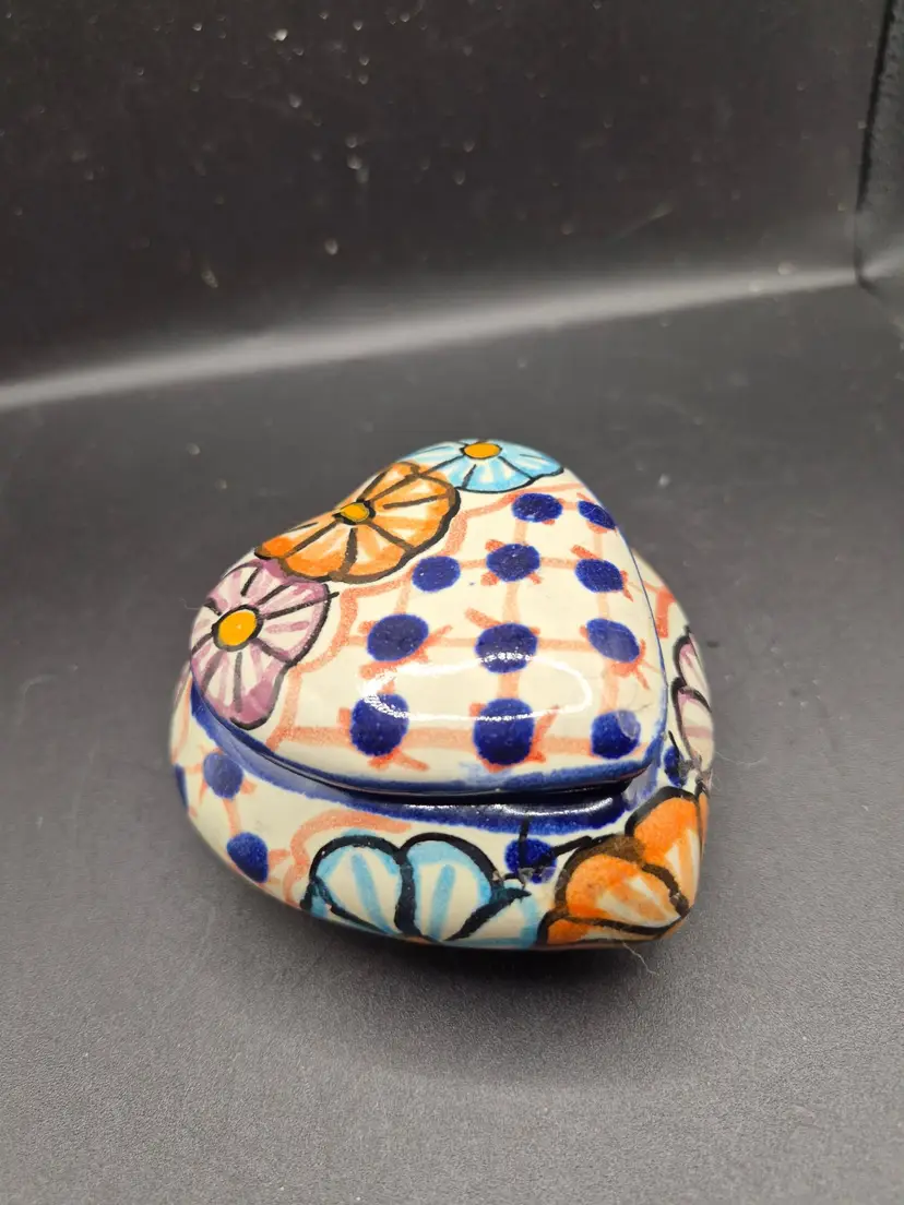 Hand-Painted Ceramic Heart Trinket Box From Mexico With Colorful Floral Design