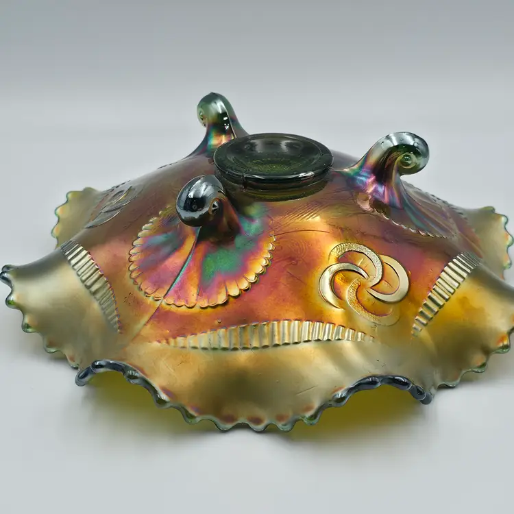 Northwood Wishbone Footed Ruffled Bowl with Exterior Pattern of Ruffles & Rings on Green Glass
