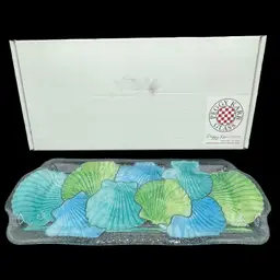 2009 Peggy Karr Glass Blue Green Seashell Three Compartment Platter Fused Glass