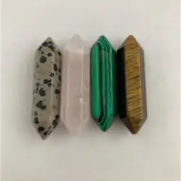 #6 Set of 4 Mini Double Point Crystal Stones Malachite,Tigers Eye,Rose Quartz and Dalmatian Jasper
