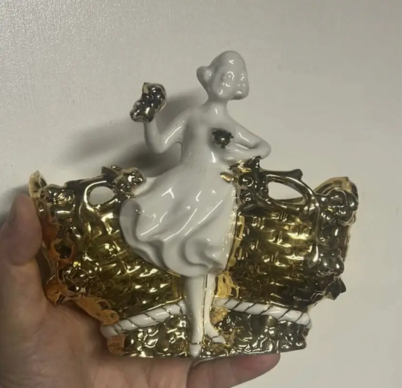 Rare Vintage Porcelain Gold And White Lady Planter