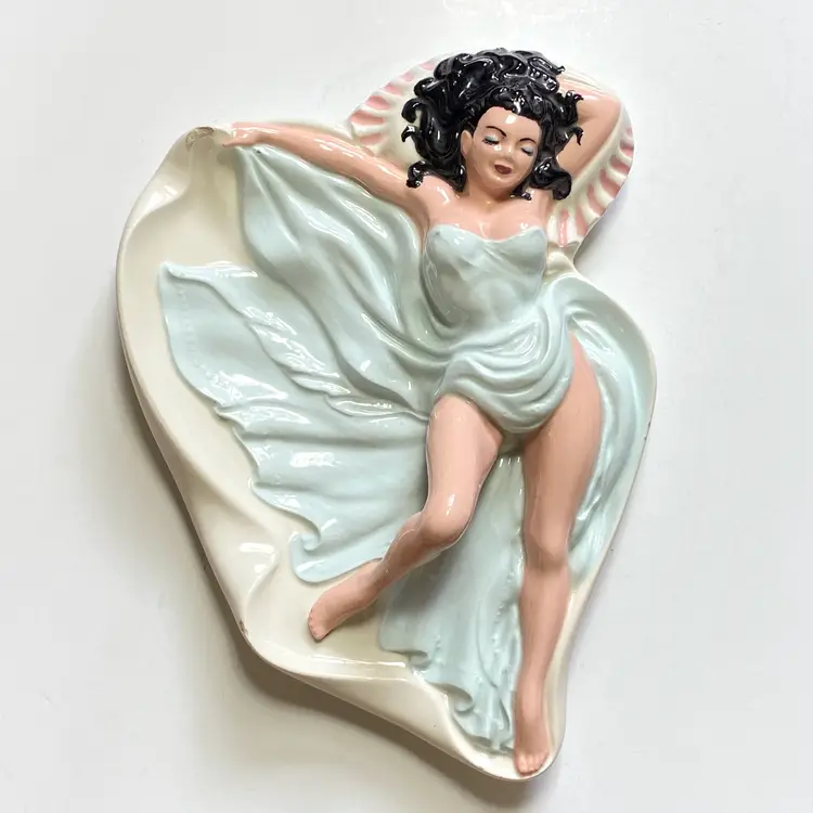 1950s MCM Pinup Girl Holland Ceramic Trinket Dish Aqua Black Hair