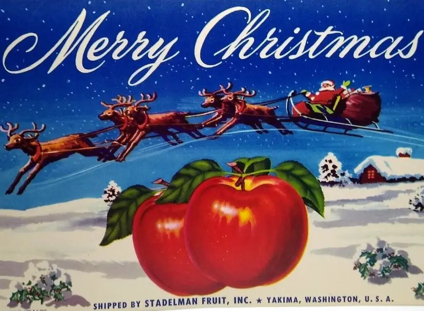 Merry Christmas Santa Claus Apple Crate Label 1950's Vintage Winter Wonderland
