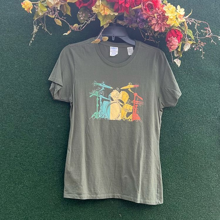 Rainbow Drum Set 
Port And Company Fan Favorite Army Green T-Shirt Size Medium.