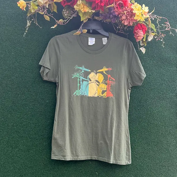 Rainbow Drum Set 
Port And Company Fan Favorite Army Green T-Shirt Size Medium.