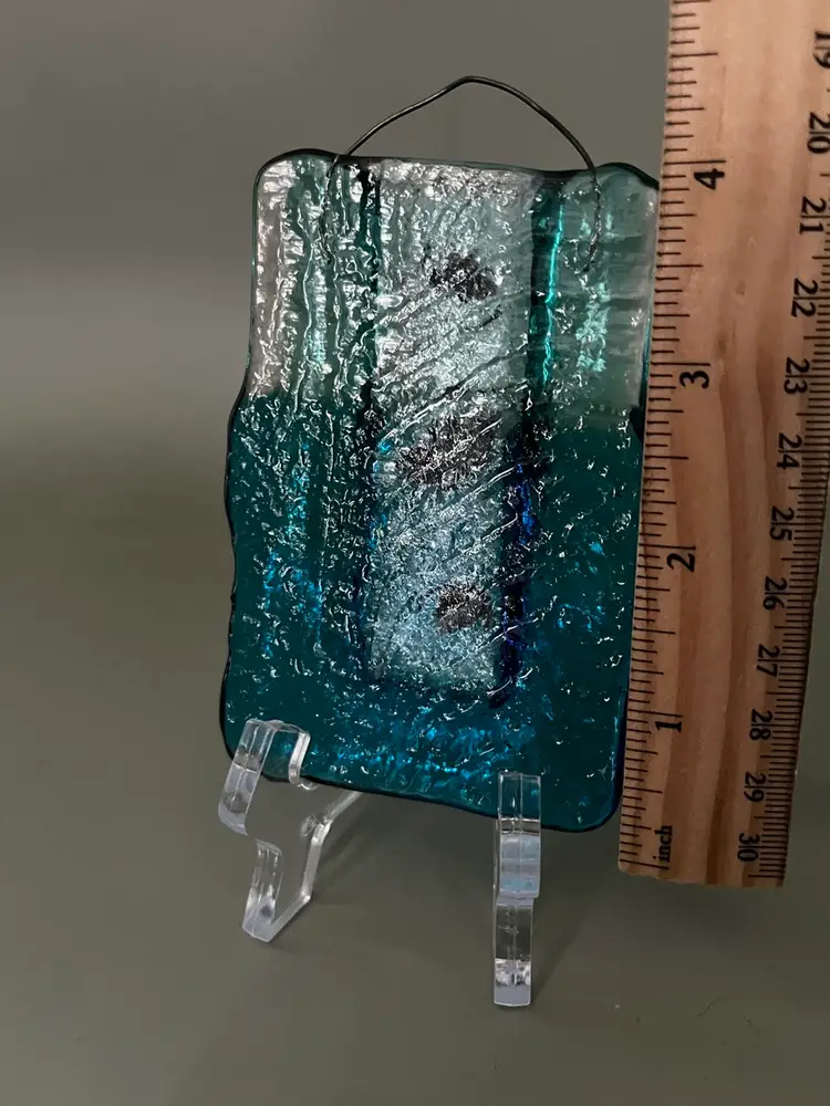 Anthropologie Fused Glass Wall Pocket | Teal Blue Art Glass Plaque with Dichroic Accents