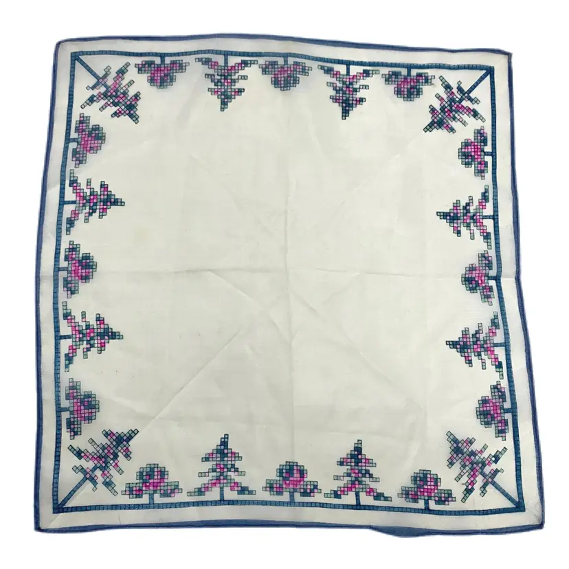 Silk Tree Block Design Handkerchief  Pink Blue Green Vintage Cottage Core Granny