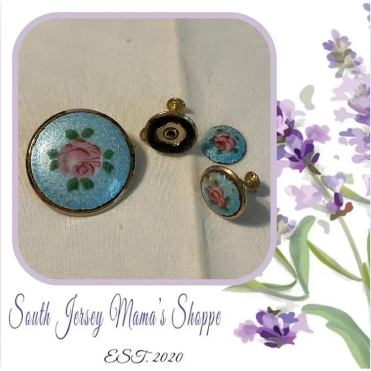 Vintage Gold Tone Blue Enamel Pink Rose TLC Brooch and Screw Back Earring  Set