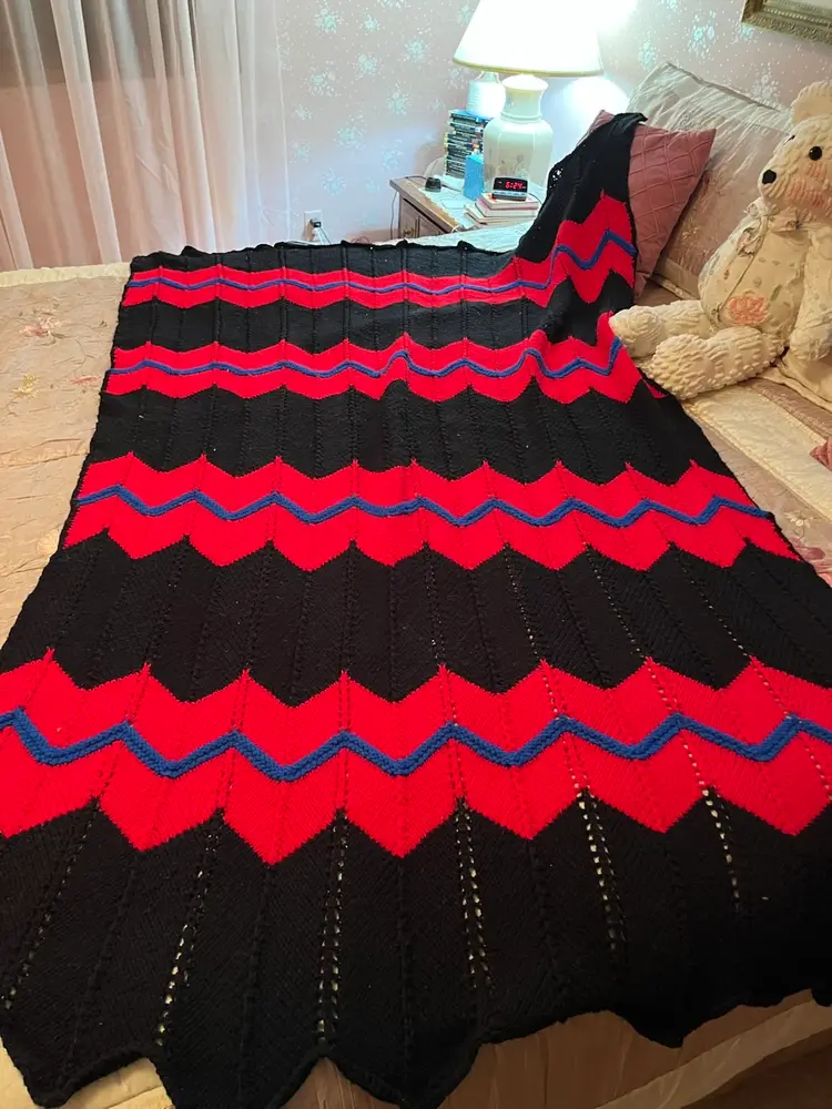 Hand Made Afghan-Black, Red & Royal Blue Chevron Pattern