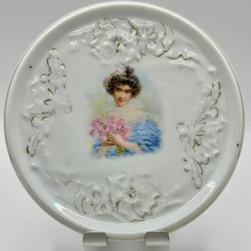 Antique 1850-1899 Ironstone Ceramic Trivet, Transfer Victorian Era Gibson Lady Portrait, With Pierced Floral Border, Unbranded, Made In United Kingdom