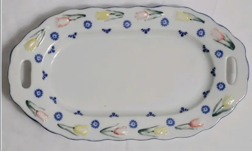 Delftware Royal Twicket Handpainted Trinket Dish with Tulip Design  10 × 5 3/4 Inches