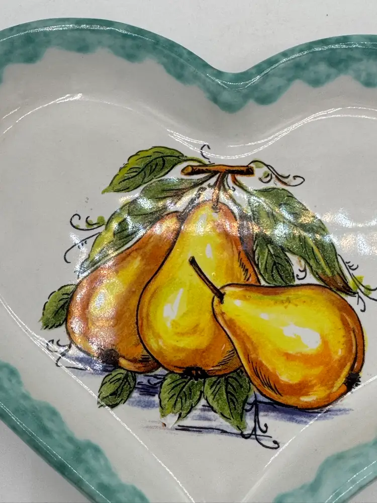 Vintage Heart Shaped Trinket Dish W/ Fruit Motif & Spongeware Edge Capri, Italy
