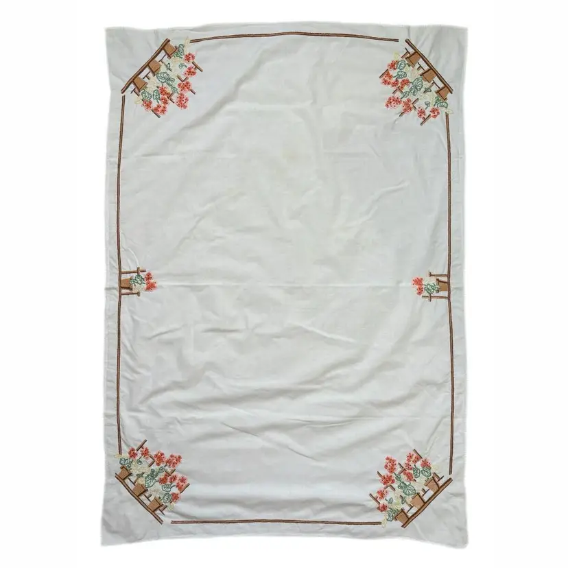 Hand Embroidered Flower Pot Tablecloth Vintage 33x48 Kitchen Décor 1970s