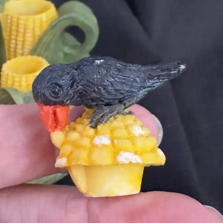 #1698 Vintage Miniature 10pc Tea Set, Corn On The Cob, Plate Tea Pot Sugar Bowl Milk Jug 2 Cups And Saucers And A Top That Is A Crow