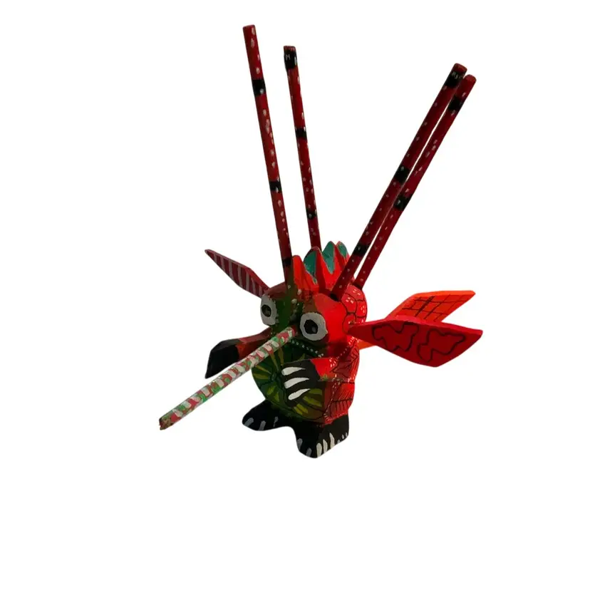 23. Fairy 🧚🏽 Tales Theme Park Colorful Hand Carved Wooden Alebrije Pinochio Shrimp 🦐 Prawn 🍤 Minion 🦅 Figurine 4” By 4” Featuring Red Base Color