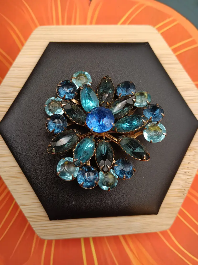 Vintage Shades of Blue Rhinestone Brooch.