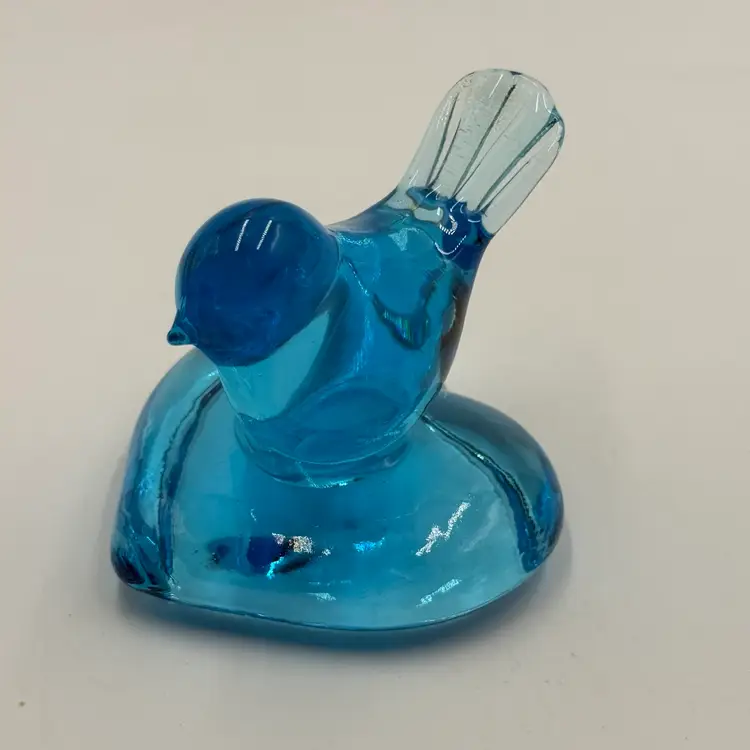 Blue Blown Art Glass Bird On Heart Figurine