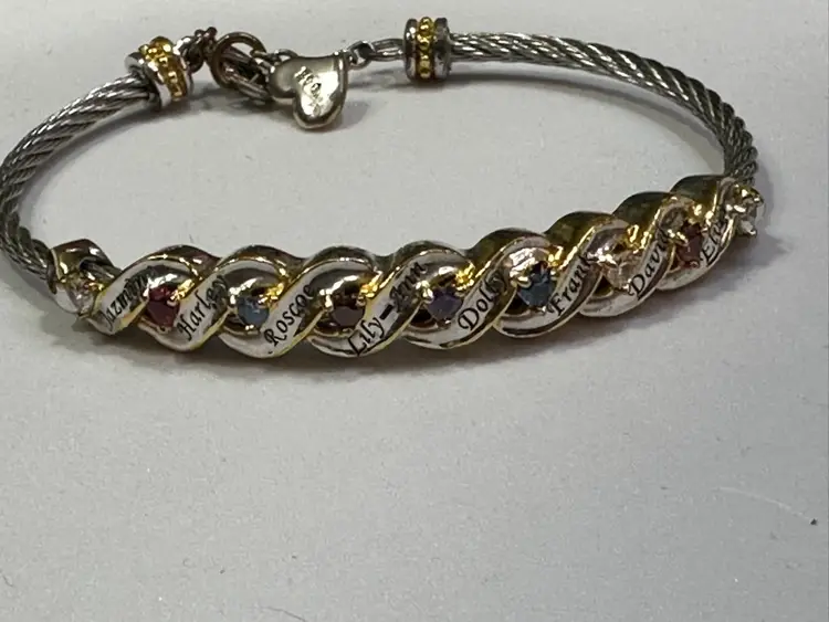 "Family Is Forever" personalized birthstone Cable bracelet from The Bradford Exchange, featuring sterling silver and 18K gold-plated accents, and customized with names and crystal birthstones