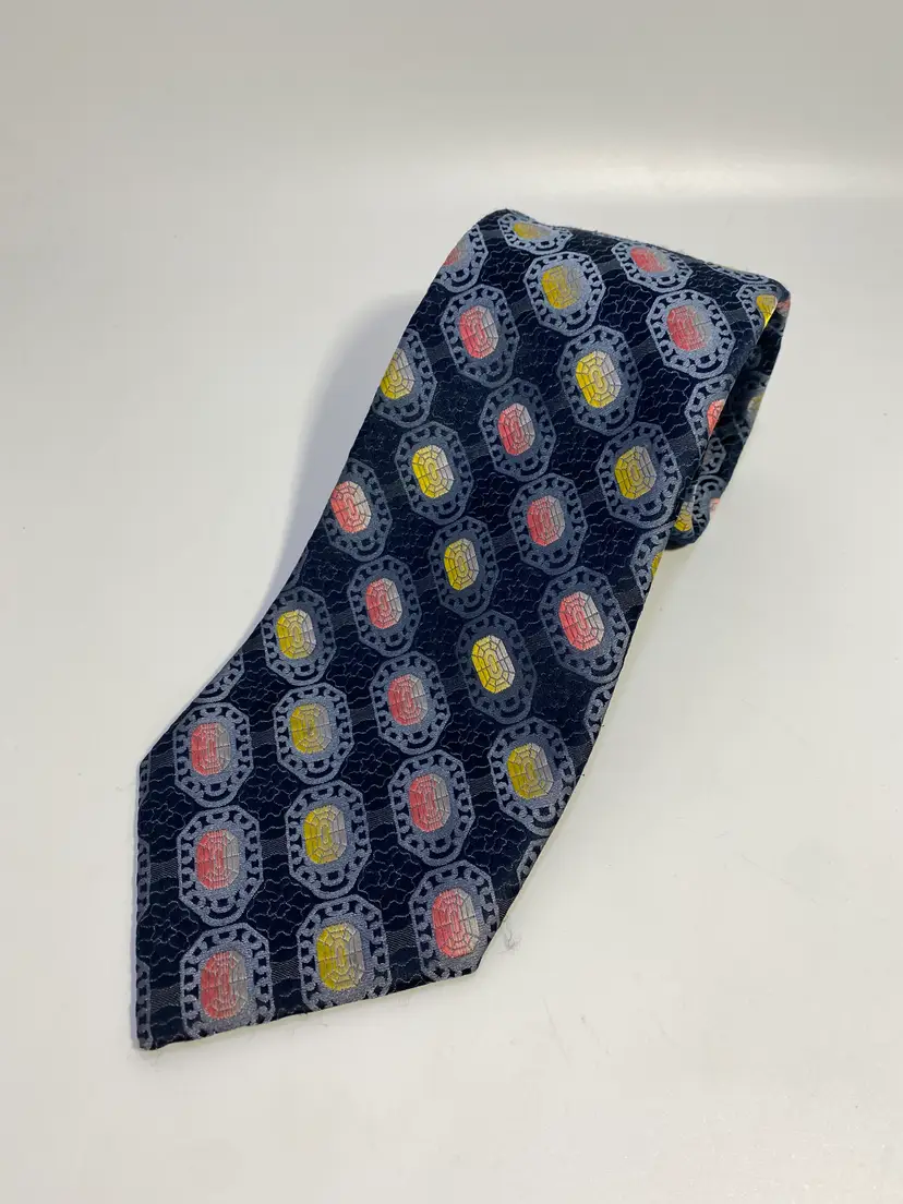 Vintage The Liebert Tie Works Blue Yellow Pink Oval Abstract Design Wide Tie 55.50" x 4.50"