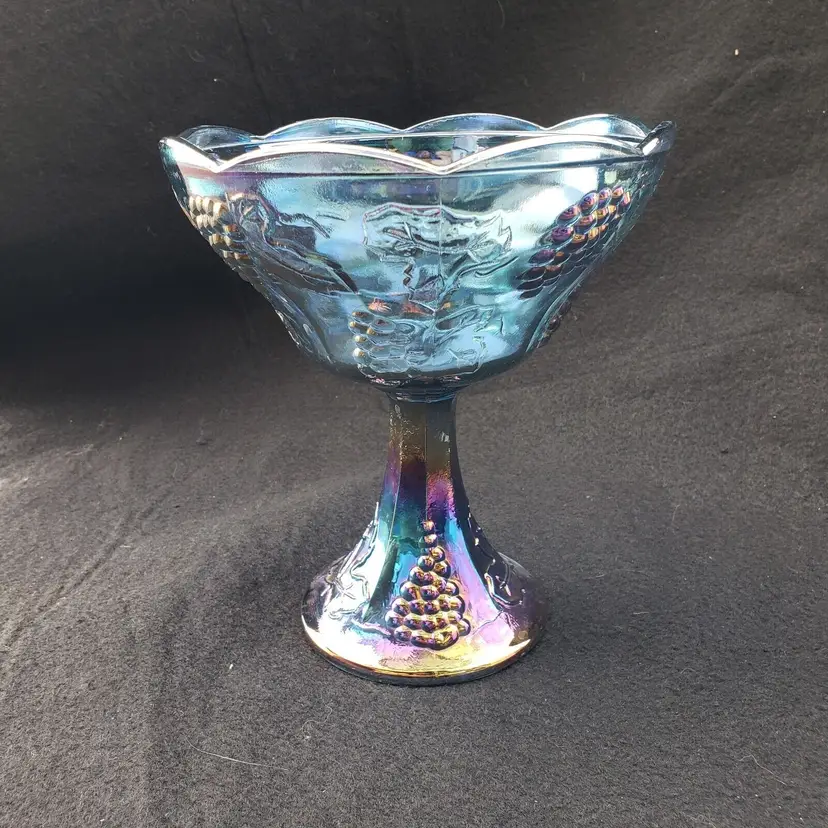Indiana Colony Glass Candy Dish Blue Harvest Grape Carnival Glass 7 5/8" Vintage