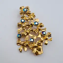 Vintage Avon Christmas Tree Brooch Gold Tone with Blue Aurora Borealis Rhinestones