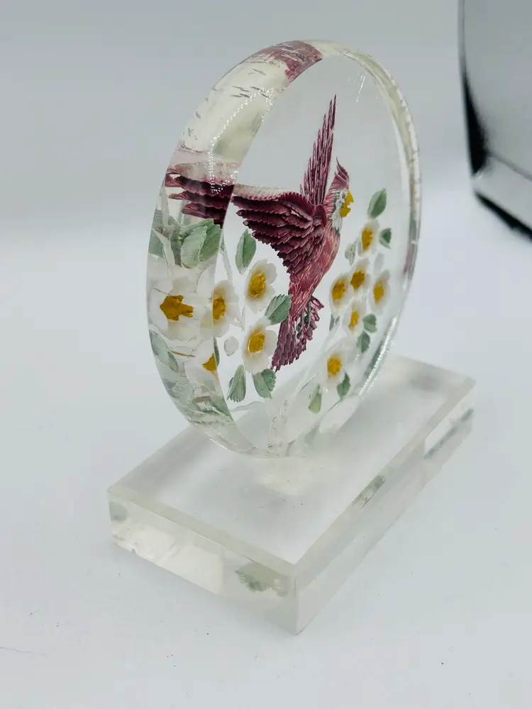 Vintage Reverse Etched Cardinal Cherry Blossoms In Acrylic 5”