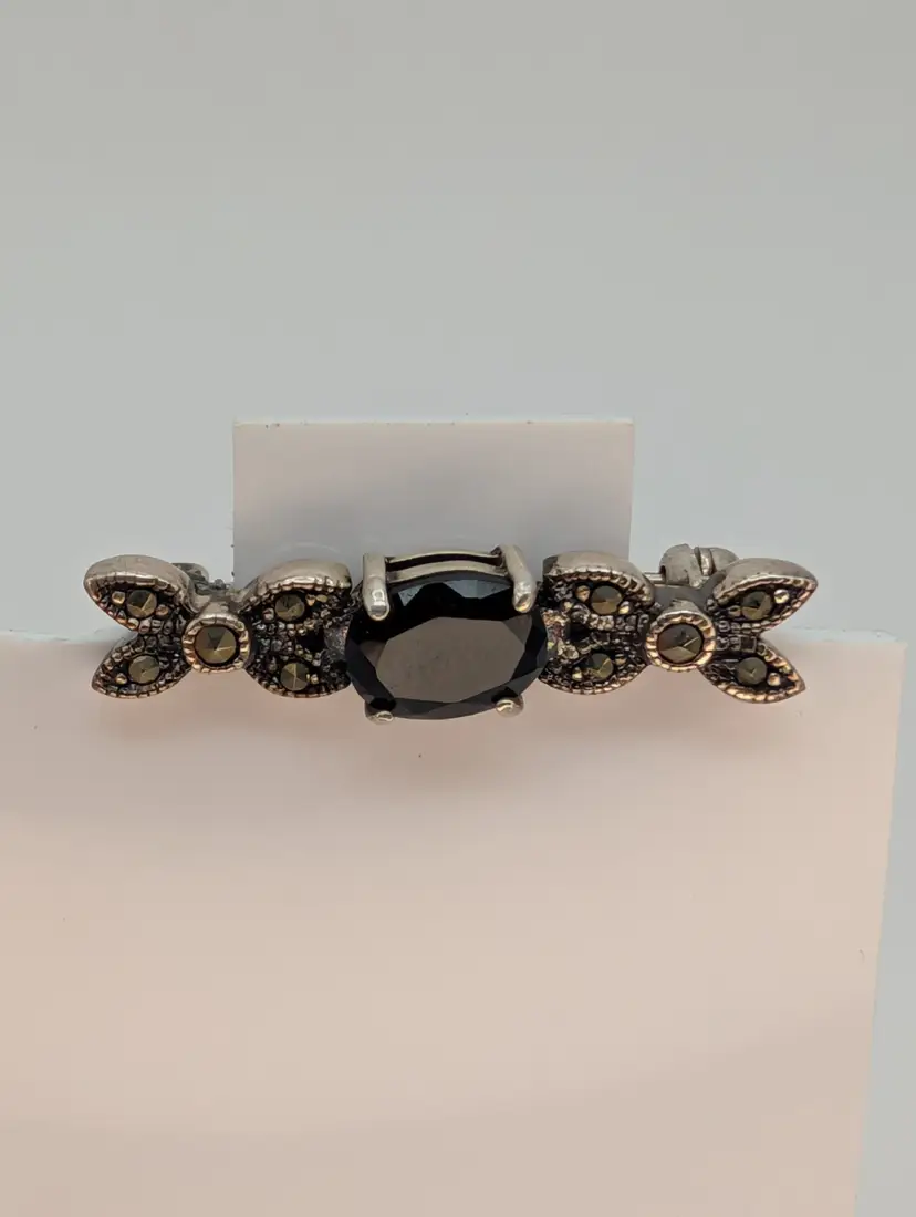 Vintage Art Deco Sterling Silver 925 Bar Brooch Pin With Onyx And Marcasite