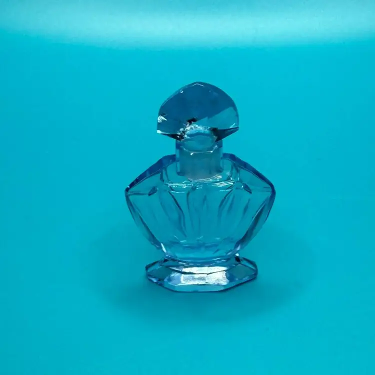 VTG Mini Czechoslovakia Blue Cut Faceted Glass Fan Perfume Bottle w/Stopper 2.5"