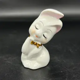 Vintage Anthropomorphic White Bunny Rabbit Eye Lashes Blush Cheeks Gold Bow Flirty Sweet