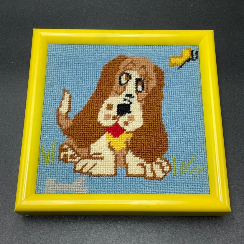 Cross Stitch Needlepoint Bassett Hound Puppy Dog Hanging Wall Art Vintage