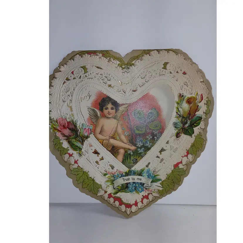 Antique Valentine Cherub Angel Greeting Card 3-D Die-Cut Roses Four Leaf Clover