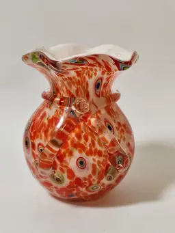 Murano Style Cased Glass Vase Millefiori Ruffled Top Applied Bow Orange White