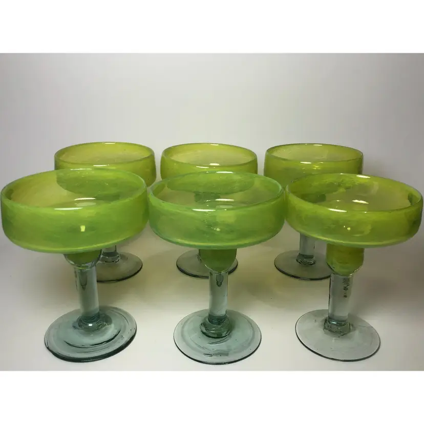 Set of 6 Crate Barrel Calypso Bright Green Margarita Cocktail Glasses Handblown