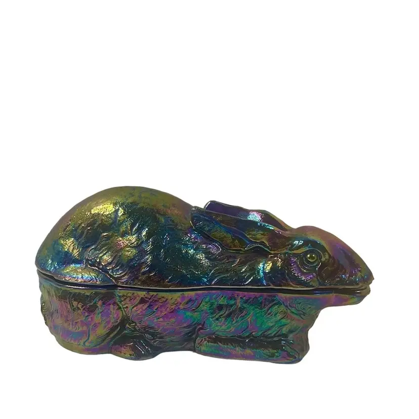 Rabbit Candy/Compote Dish Blue Carnival Glass Large Summit Atterbury Crouching Bunny Box
9.25” L x 4”W x 4.5” T