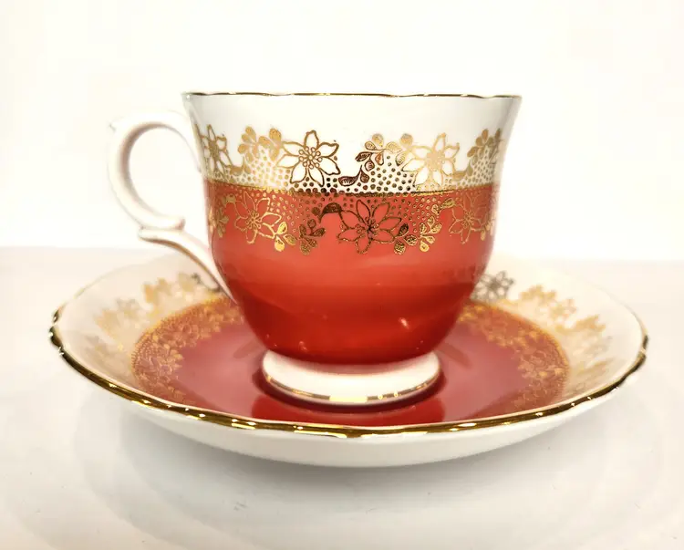 Crown Staffordshire Coral and Gold Flowers Tea Cup and Saucer Fine Bone China Vintage