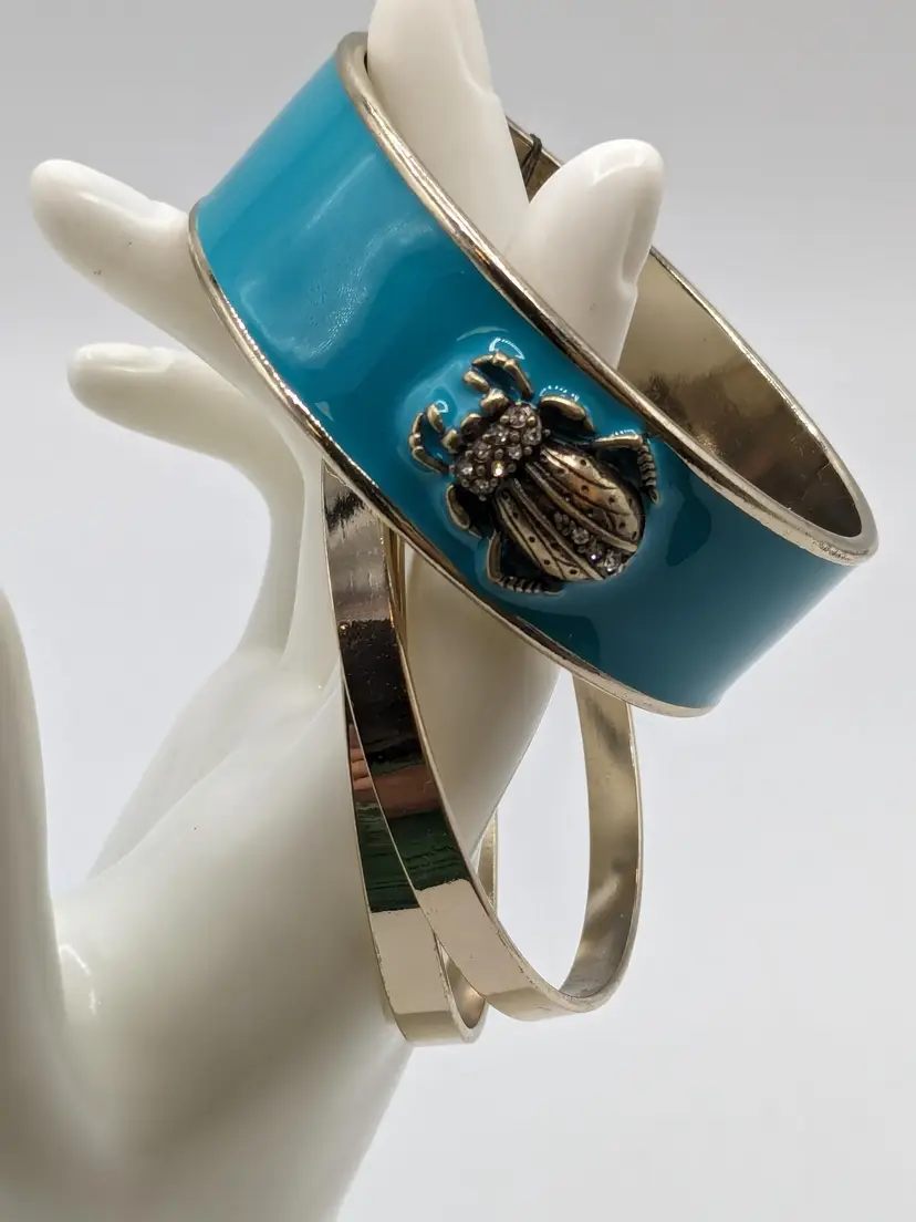 Scarab Bracelet Silver Tone Turquoise Color Set of 3 NOS