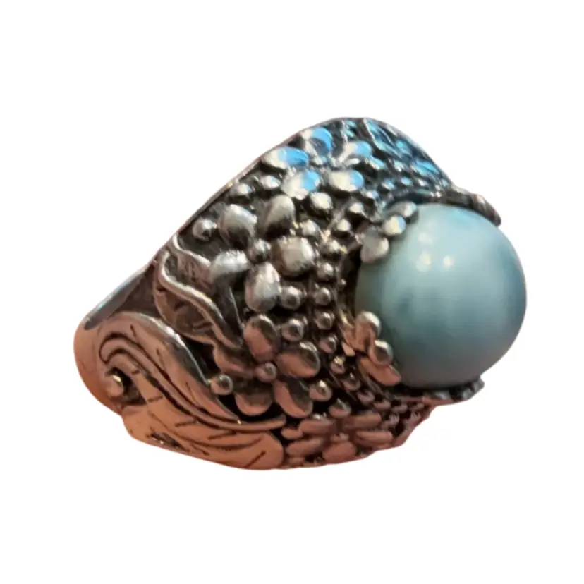 Sterling Silver 925 Balinese Floral Motif Larimar Domed Cabochon Ring Size 7.5, 6.7g