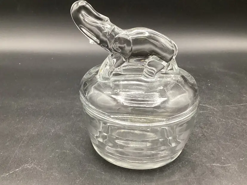 Vintage Jeannette Crystal Elephant Powder Box, 4” Diameter-READ