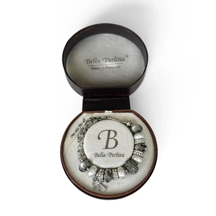 Bella Perlina Charm Bracelet White Crystal Beaded with Palm Tree  Lobster Claw Clasp