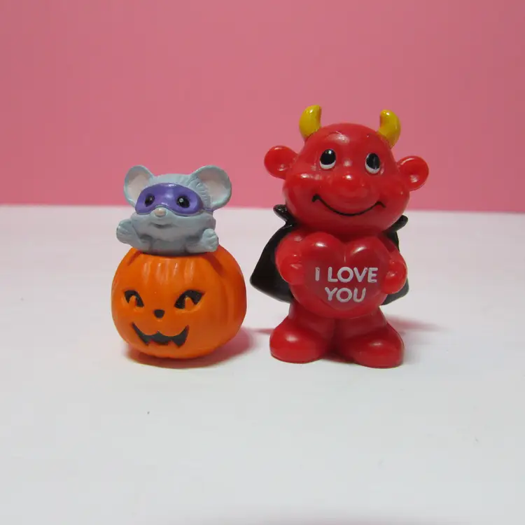 lot of 2 vintage Halloween miniature figures I Love You Devil and Hallmark mouse with mask in pumpkin