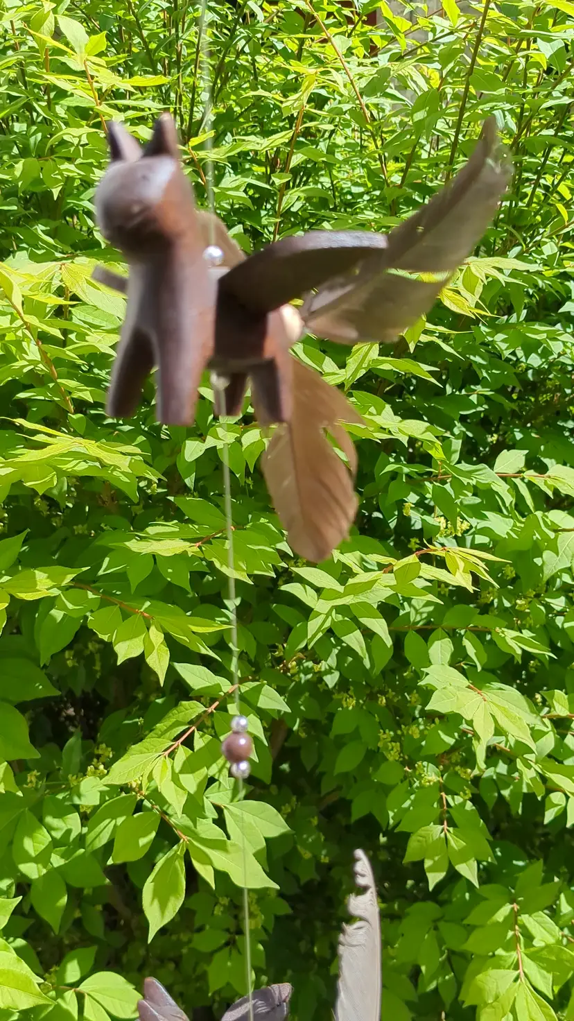 Flying Cat Wooden Animal Hanging Wind Chime Spinners Cat Figure Carved Wood Art