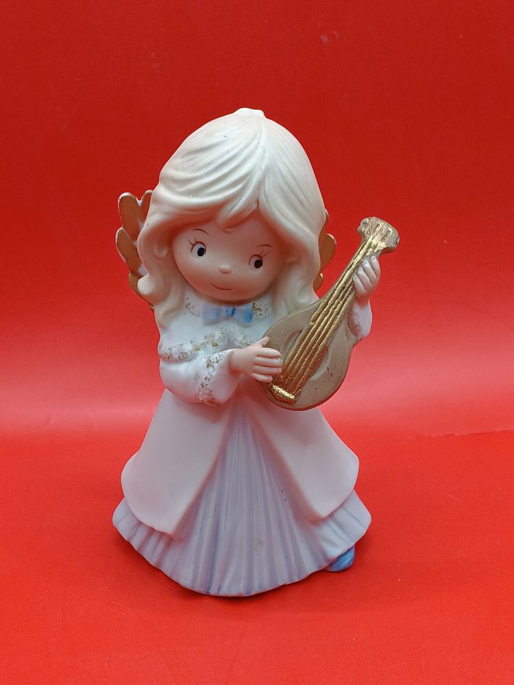 #01 Adorable Vintage HOMCO Porcelain Bisque Blue Christmas Angel with Lyre