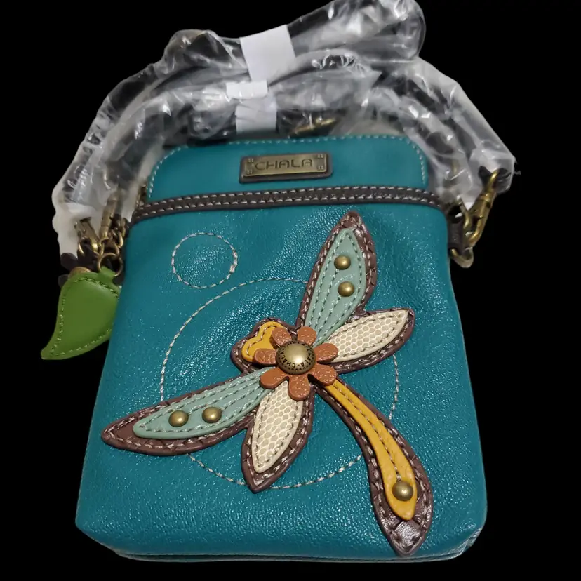 NWT Chala Dragonfly Convertable Wallet Crossbody Purse Teal & Brown 7” x 4.5”